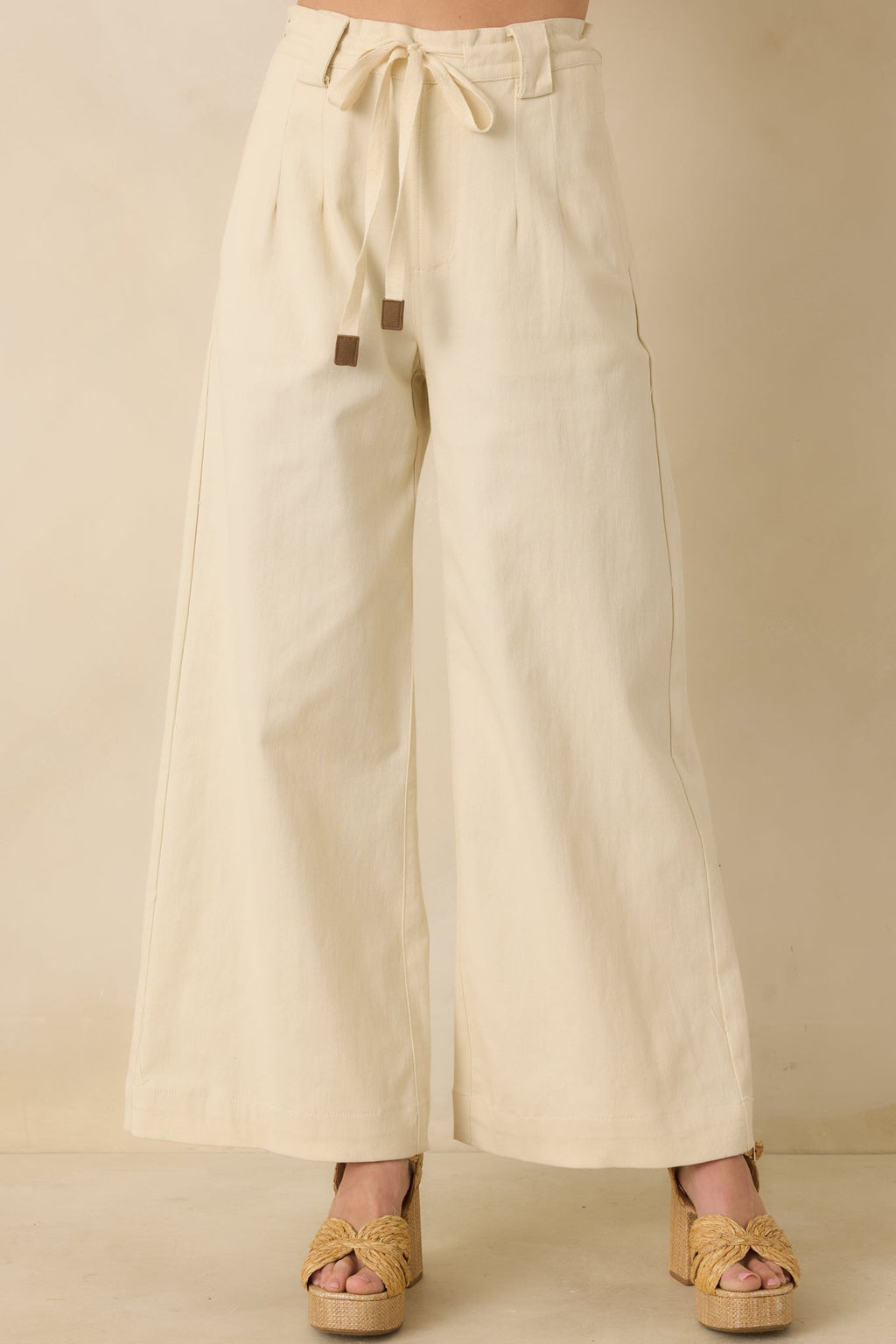 Women's Refined Rhythm Beige Cotton Tie-Belt Wide Leg Pants | 97% Cotton & 3% Spandex 3