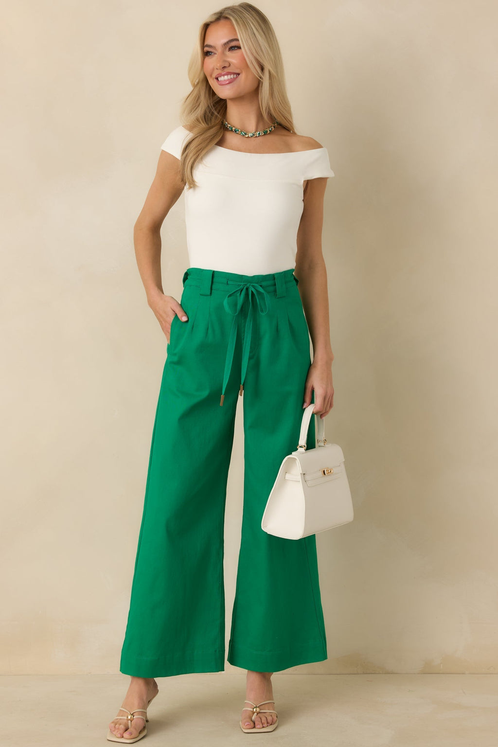 Women's Refined Rhythm Emerald Green Cotton Tie-Belt Wide Leg Pants | 97% Cotton & 3% Spandex 0