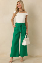 Women's Refined Rhythm Emerald Green Cotton Tie-Belt Wide Leg Pants | 97% Cotton & 3% Spandex 0