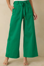 Women's Refined Rhythm Emerald Green Cotton Tie-Belt Wide Leg Pants | 97% Cotton & 3% Spandex 1