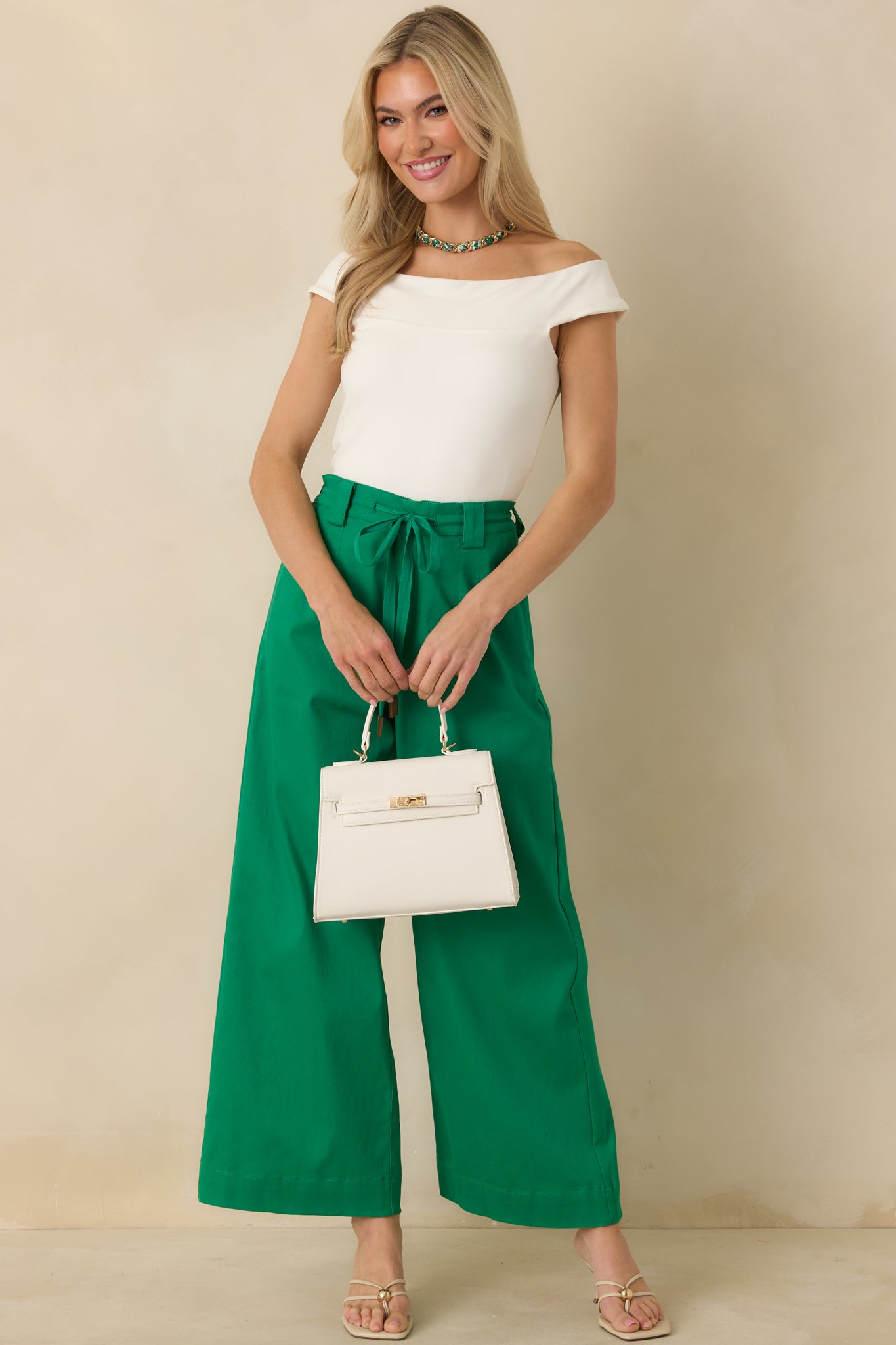 Women's Refined Rhythm Emerald Green Cotton Tie-Belt Wide Leg Pants | 97% Cotton & 3% Spandex 3