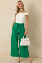 Women's Refined Rhythm Emerald Green Cotton Tie-Belt Wide Leg Pants | 97% Cotton & 3% Spandex 4