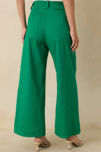 Women's Refined Rhythm Emerald Green Cotton Tie-Belt Wide Leg Pants | 97% Cotton & 3% Spandex 5
