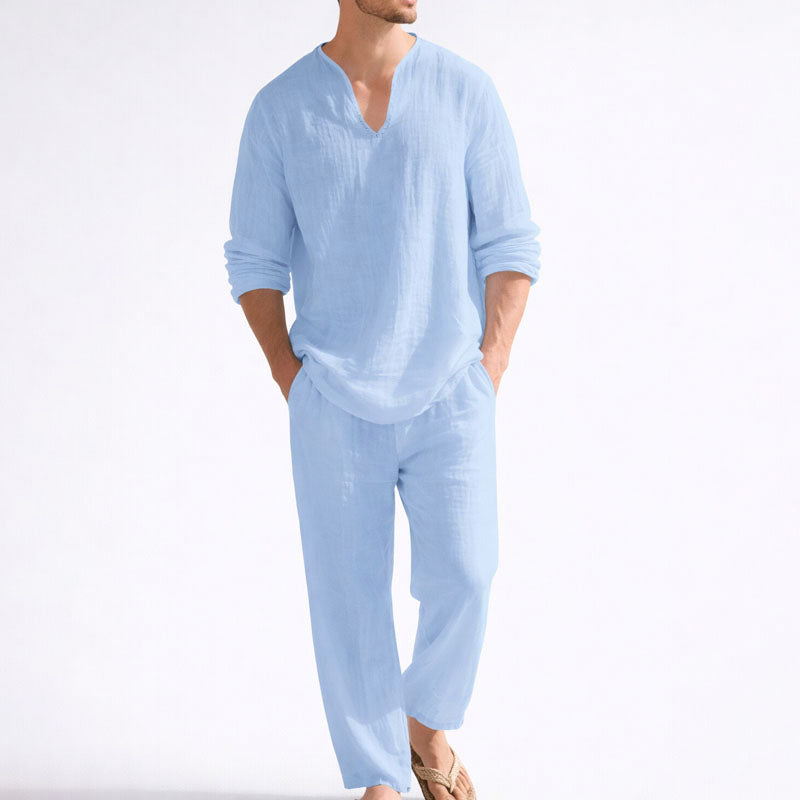 Relaxed Linen Two-Piece Men's Outfit with V-Neck Design | Comfortable Casual Wear for Everyday Style