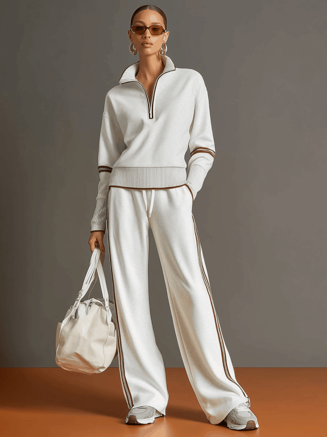 Half-Zip Sweater & Wide-Leg Pants Set — Retro Sporty