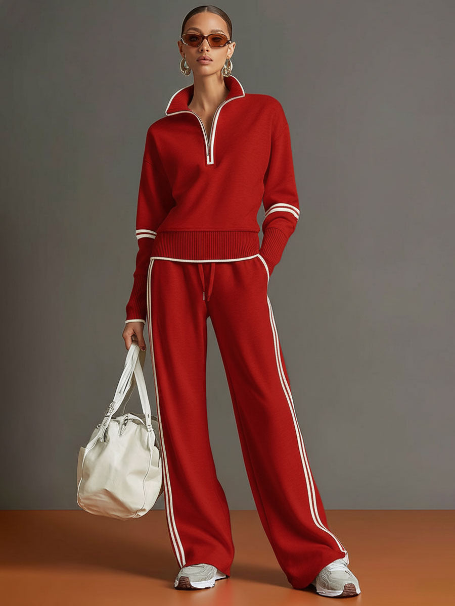 Half-Zip Sweater & Wide-Leg Pants Set — Retro Sporty