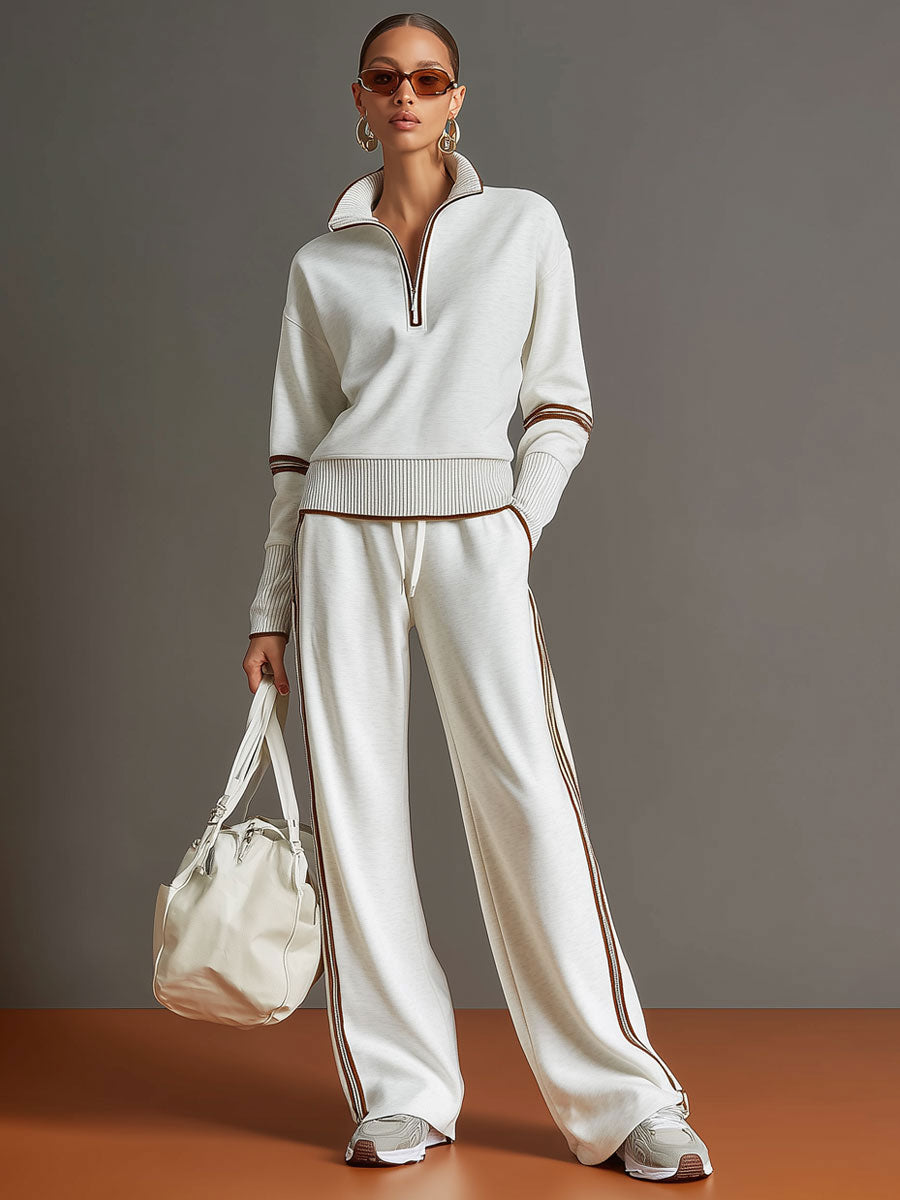 Half-Zip Sweater & Wide-Leg Pants Set — Retro Sporty