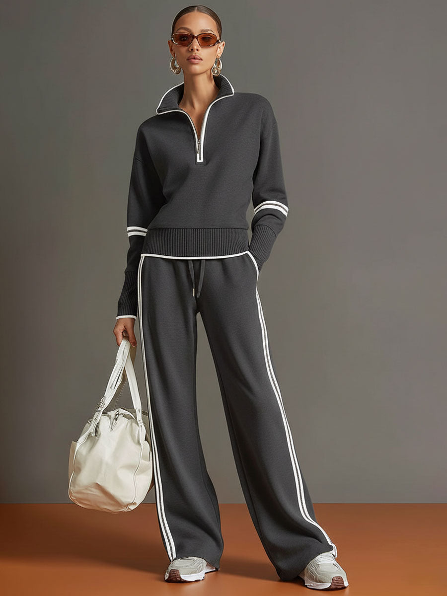 Half-Zip Sweater & Wide-Leg Pants Set — Retro Sporty