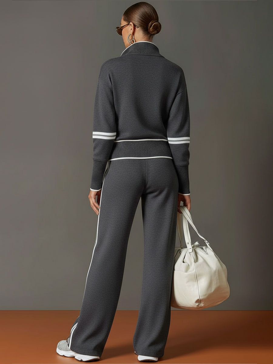 Half-Zip Sweater & Wide-Leg Pants Set — Retro Sporty