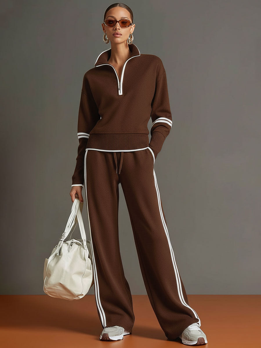Half-Zip Sweater & Wide-Leg Pants Set — Retro Sporty