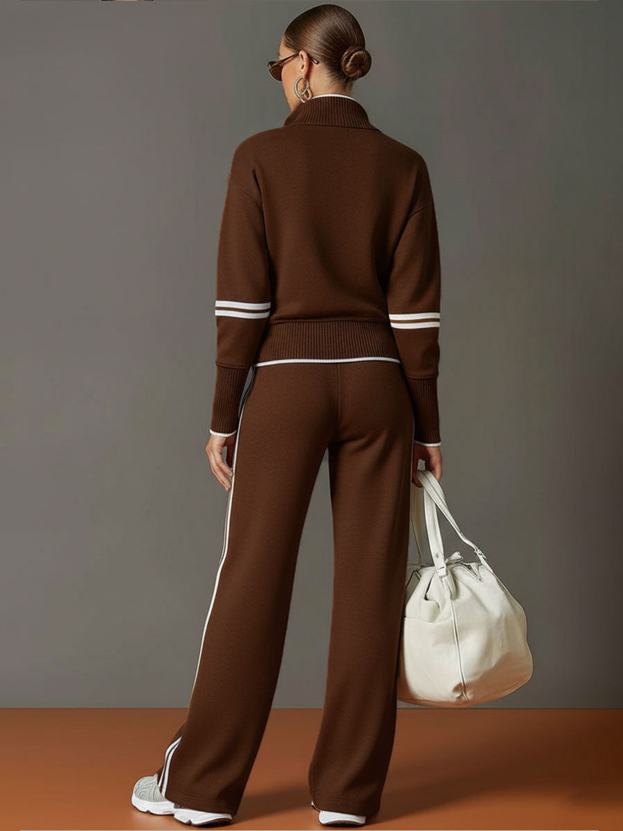 Half-Zip Sweater & Wide-Leg Pants Set — Retro Sporty