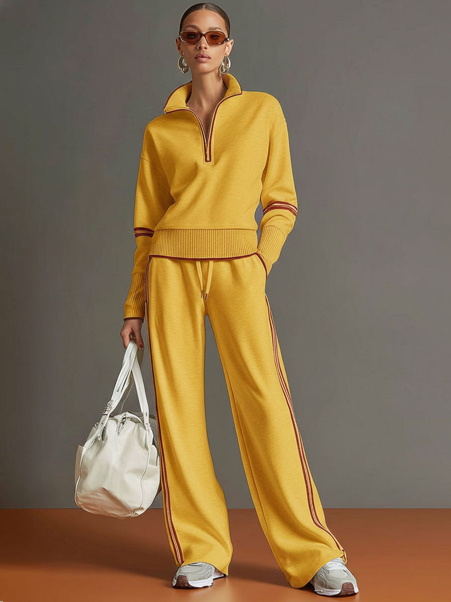 Half-Zip Sweater & Wide-Leg Pants Set — Retro Sporty