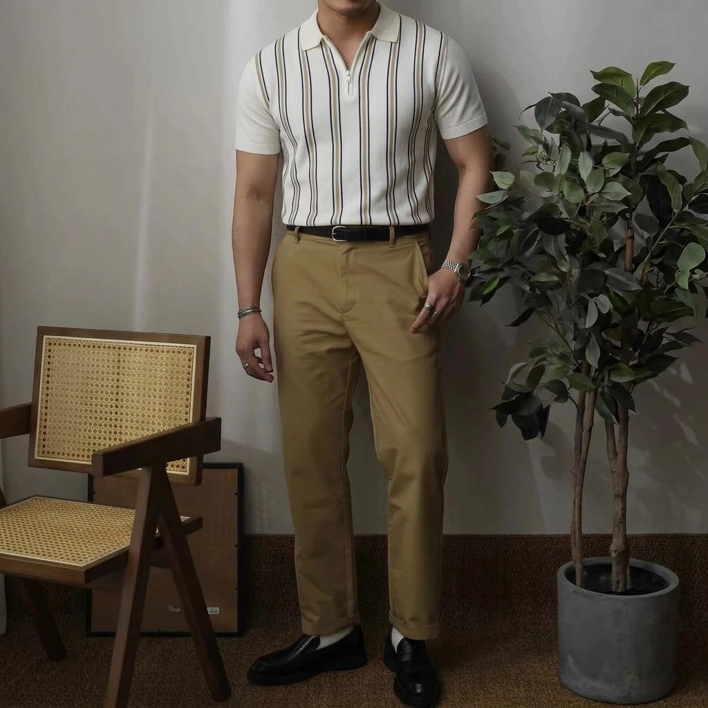 Retro Stripe | Men's Polo Shirt with Quarter-Zip Collar | Soft Lightweight Fabric for Effortless Style