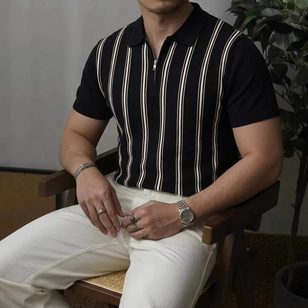 Retro Stripe | Men's Polo Shirt with Quarter-Zip Collar | Soft Lightweight Fabric for Effortless Style