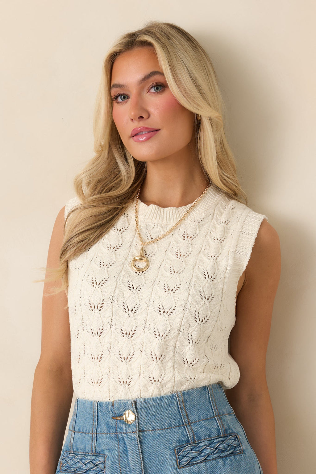 Women's Right Here Beside Me Ivory Knit Sweater Vest | 60% Cotton & 40% Viscose 1
