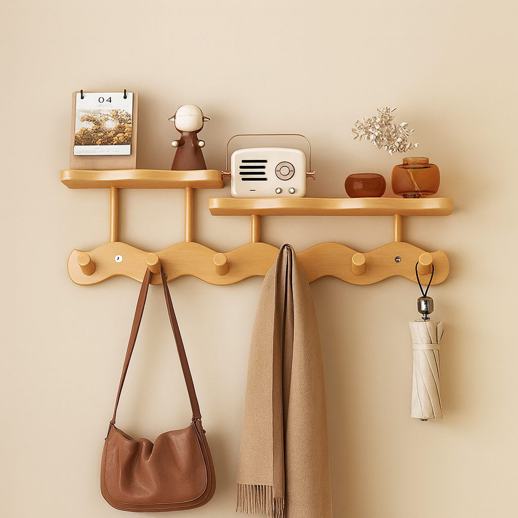 Bamboo Wall Coat Rack — Shelf & Hooks Entryway Organizer