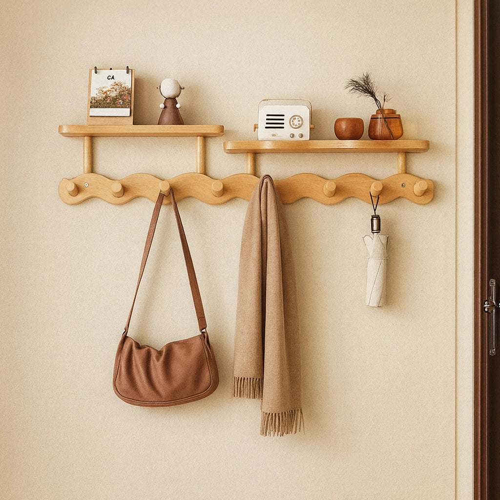 Bamboo Wall Coat Rack — Shelf & Hooks Entryway Organizer
