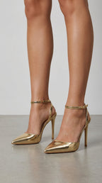 Women's Gold Heels with Pointed Toe & Ankle Strap | Elegant Pumps for All-Day Comfort