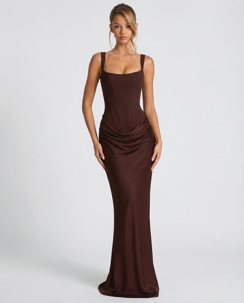 White Maxi Dress with Corset Bodice & Draped Skirt