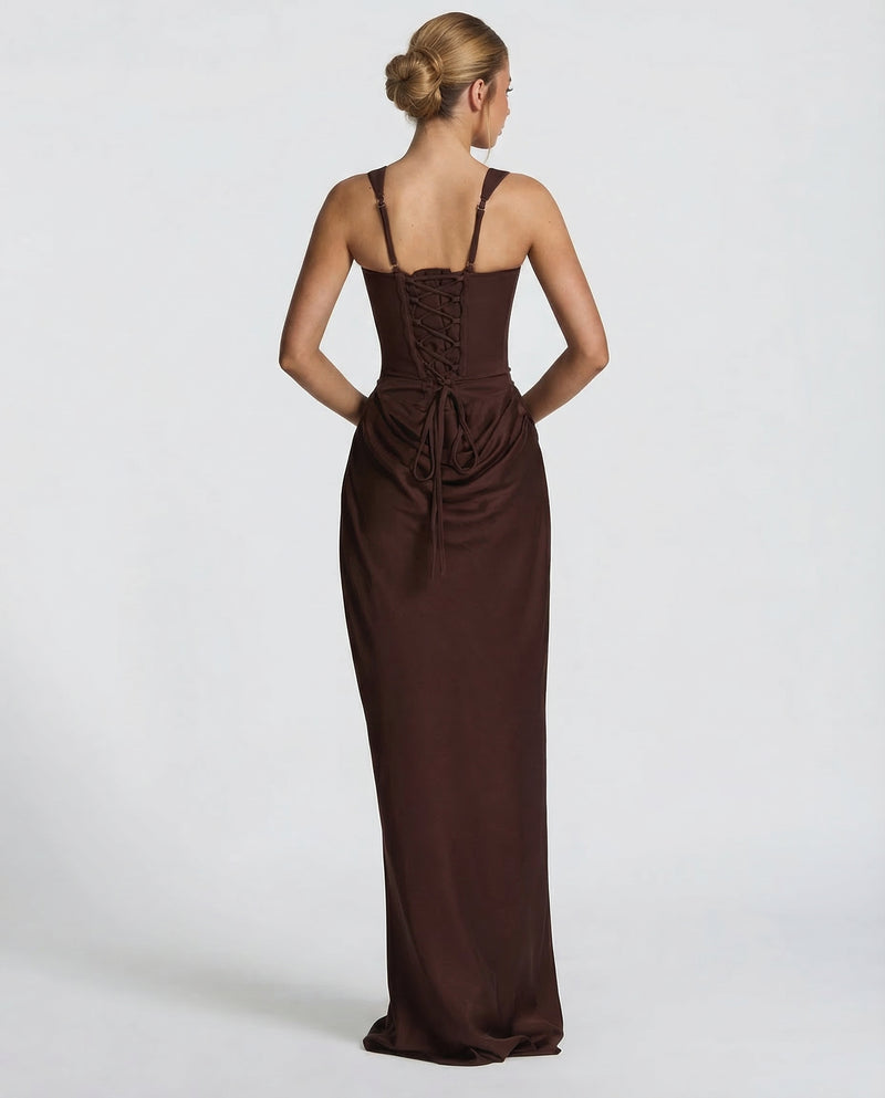 White Maxi Dress with Corset Bodice & Draped Skirt