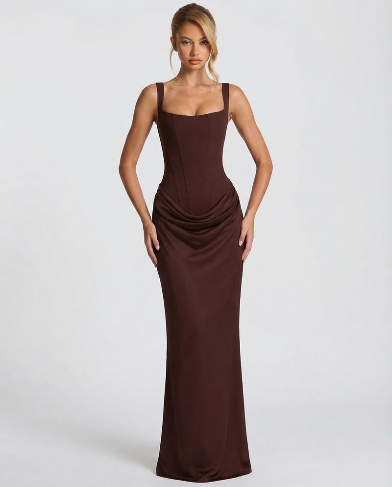 White Maxi Dress with Corset Bodice & Draped Skirt