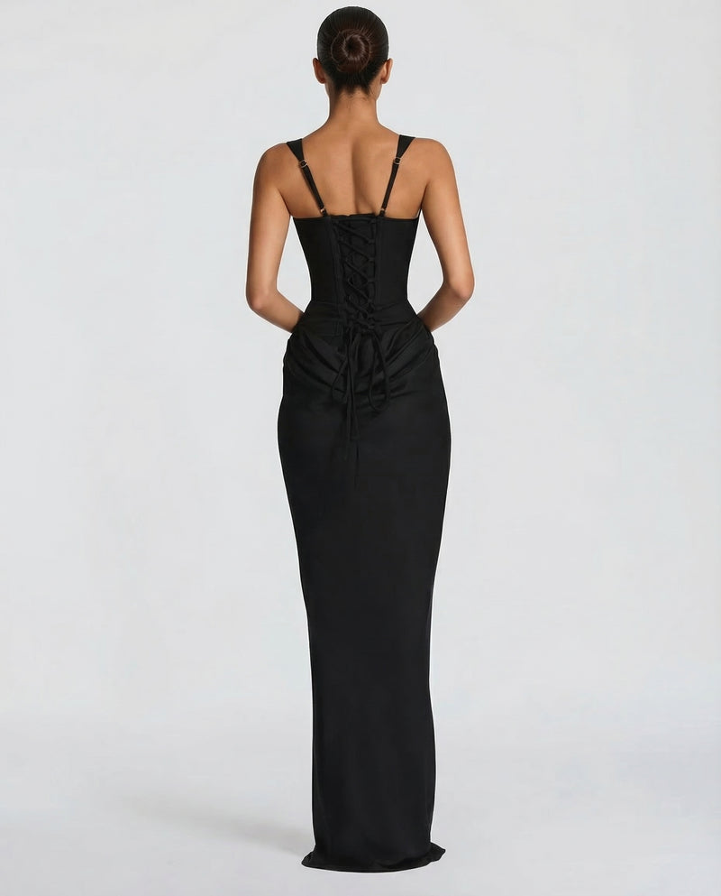 White Maxi Dress with Corset Bodice & Draped Skirt