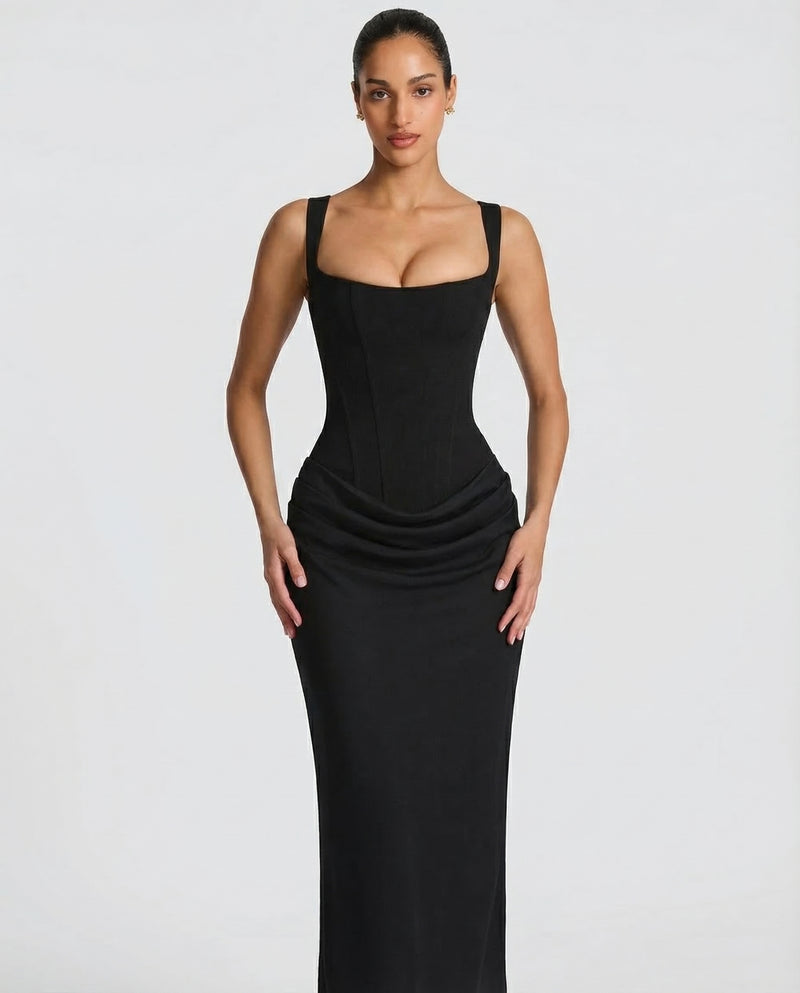 White Maxi Dress with Corset Bodice & Draped Skirt