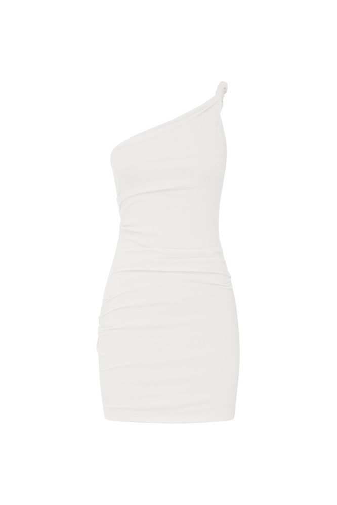 Runaway Collection | Women's White Mini Dress with Asymmetrical Neckline | Chic Design for Effortless Style