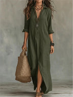 Army Green long-sleeve cotton maxi dress with turn-down collar