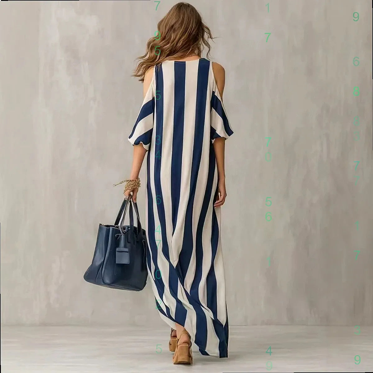 Off-shoulder striped split maxi dress detail
