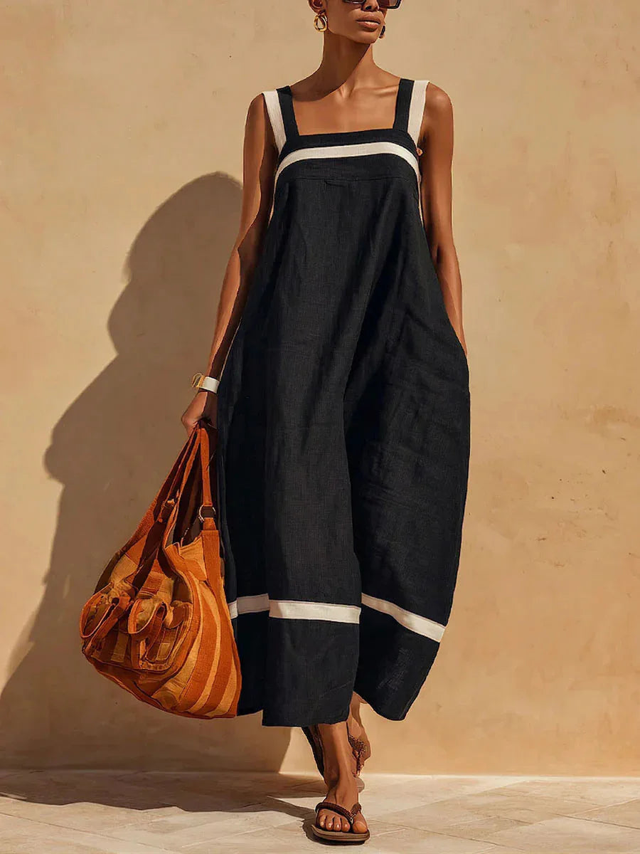Black breathable linen slip midi dress