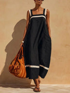 Black breathable linen slip midi dress