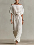 Off-shoulder half-sleeve slim maxi dress in White