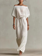 Off-shoulder half-sleeve slim maxi dress in White