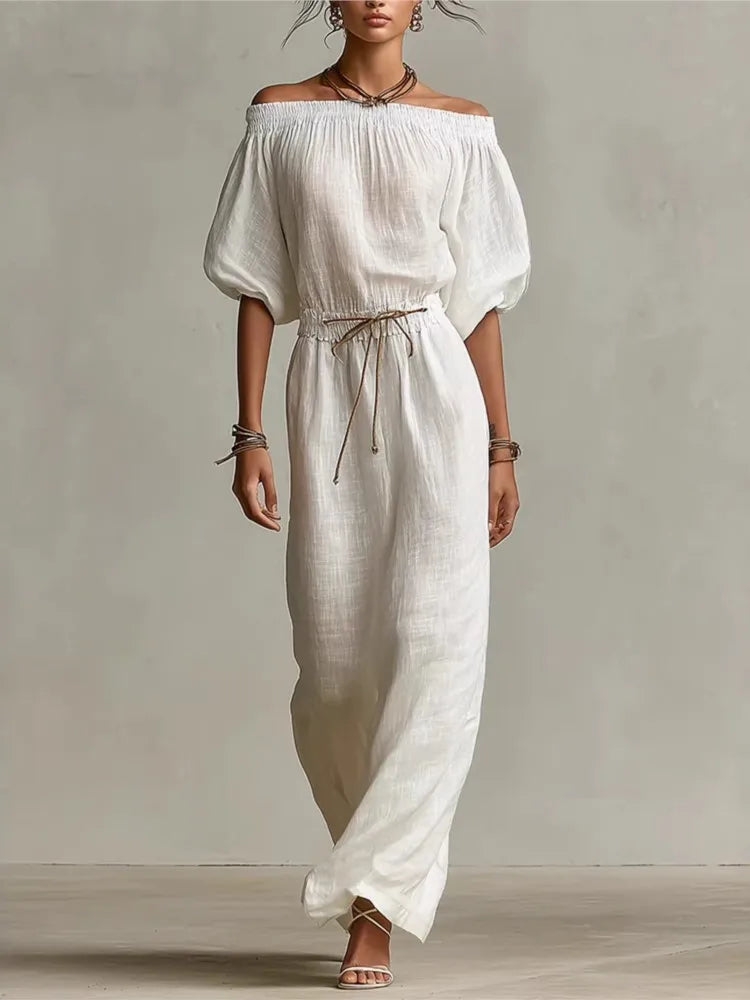 Off-shoulder half-sleeve slim maxi dress in White