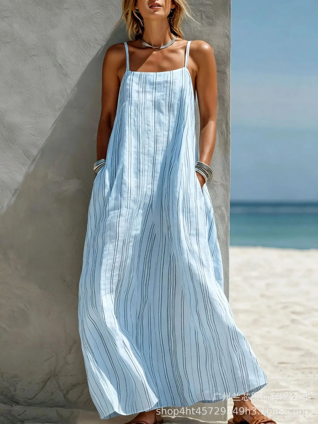 Blue sleeveless summer maxi dress