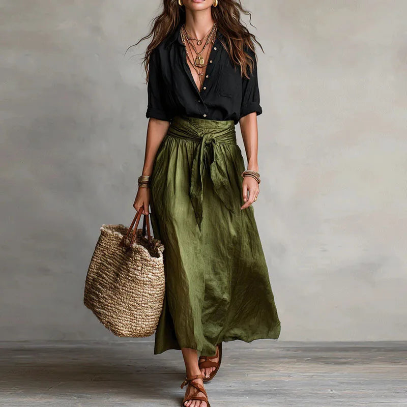 Black Green button lapel top and tie-waist skirt set
