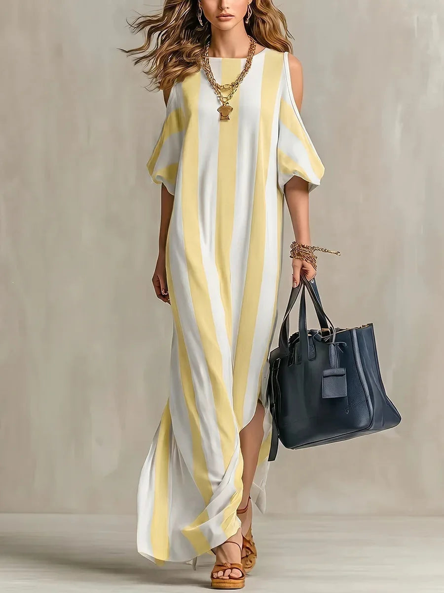 Yellow off-shoulder striped split maxi dress
