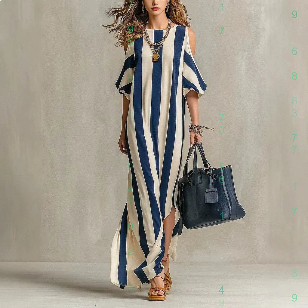 Blue off-shoulder striped split maxi dress