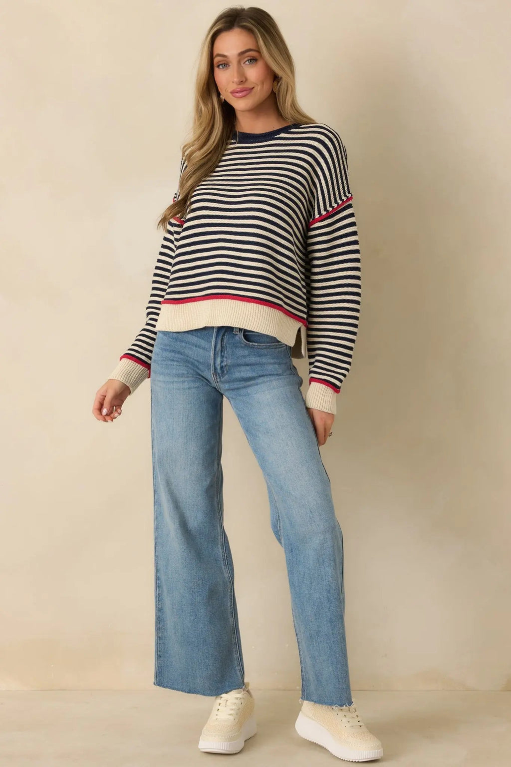 Women's Sail With Me Navy Stripe Cotton Blend Crewneck Sweater | 60% Cotton & 40% Acrylic 4