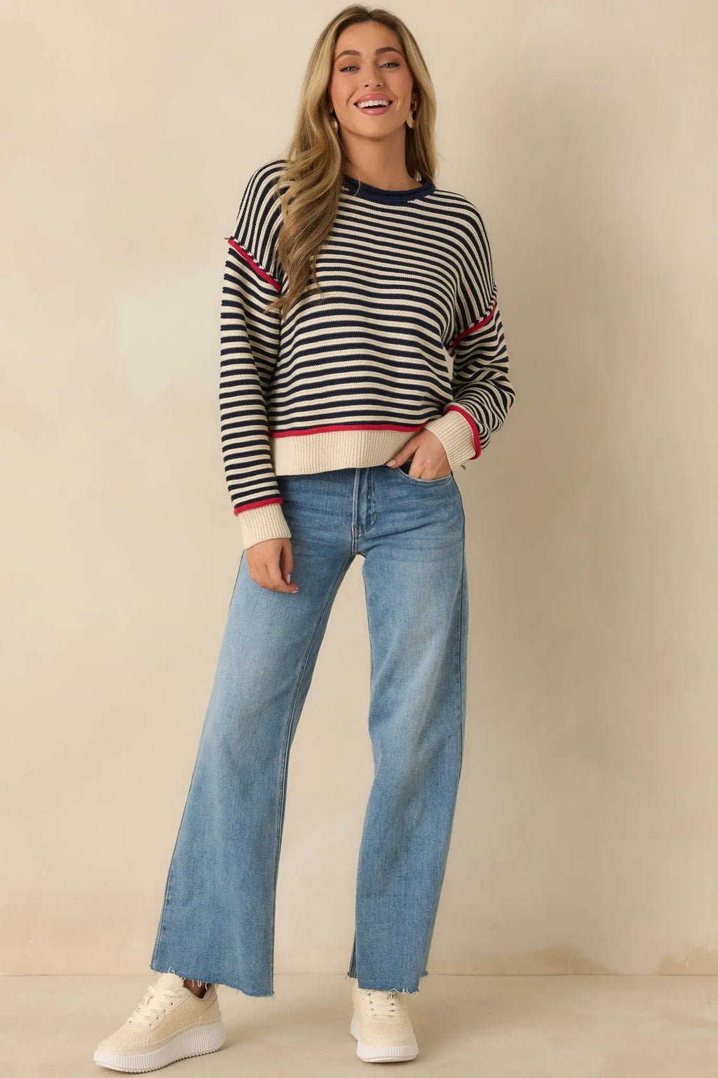 Women's Sail With Me Navy Stripe Cotton Blend Crewneck Sweater | 60% Cotton & 40% Acrylic 6