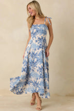 Women's Santorini Sketch Blue Palm Print Tie Strap Maxi Dress | 50% Cotton & 50% Rayon 0