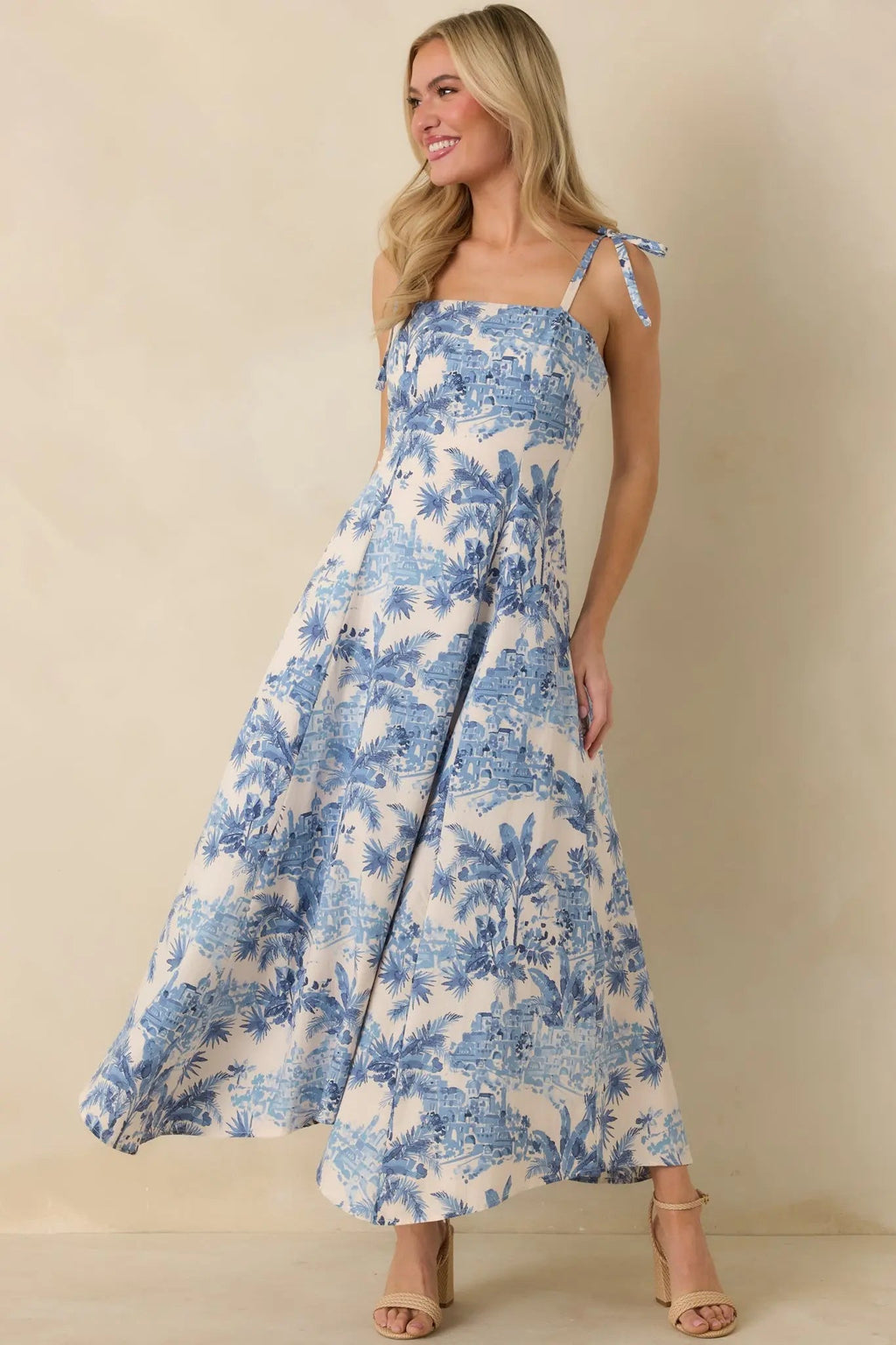 Women's Santorini Sketch Blue Palm Print Tie Strap Maxi Dress | 50% Cotton & 50% Rayon 3