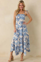 Women's Santorini Sketch Blue Palm Print Tie Strap Maxi Dress | 50% Cotton & 50% Rayon 4