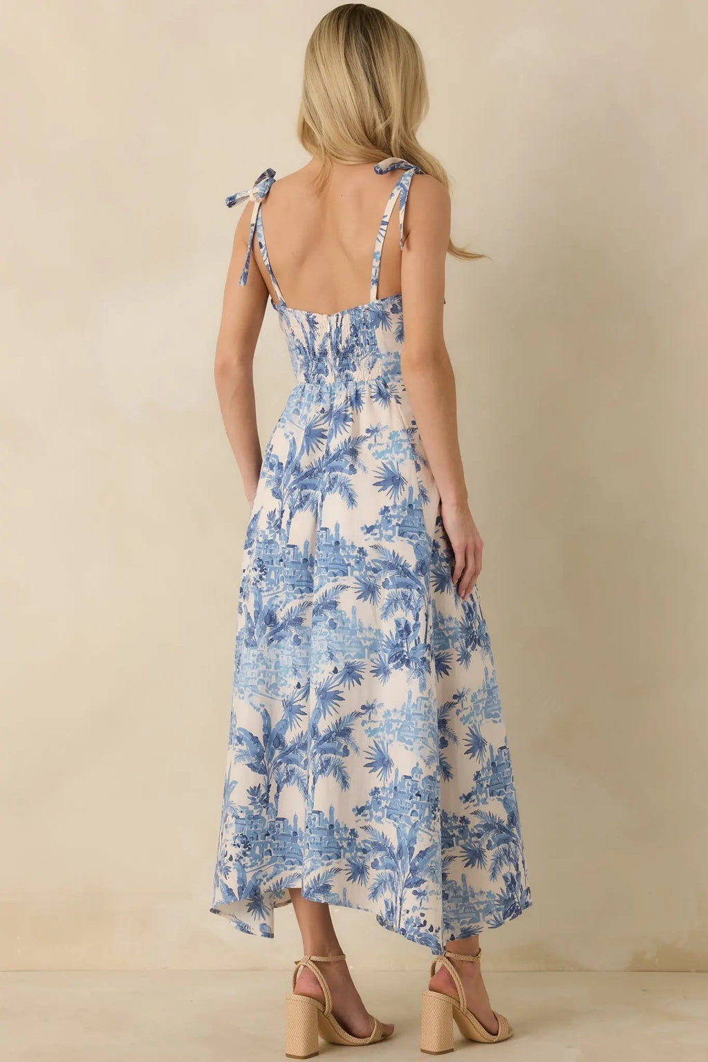 Women's Santorini Sketch Blue Palm Print Tie Strap Maxi Dress | 50% Cotton & 50% Rayon 5