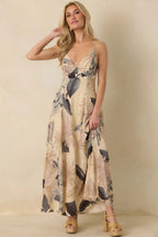 Women's Say It Again Beige Multi Tropical Tie-Back Maxi Dress | 85% Rayon & 15% Linen 0