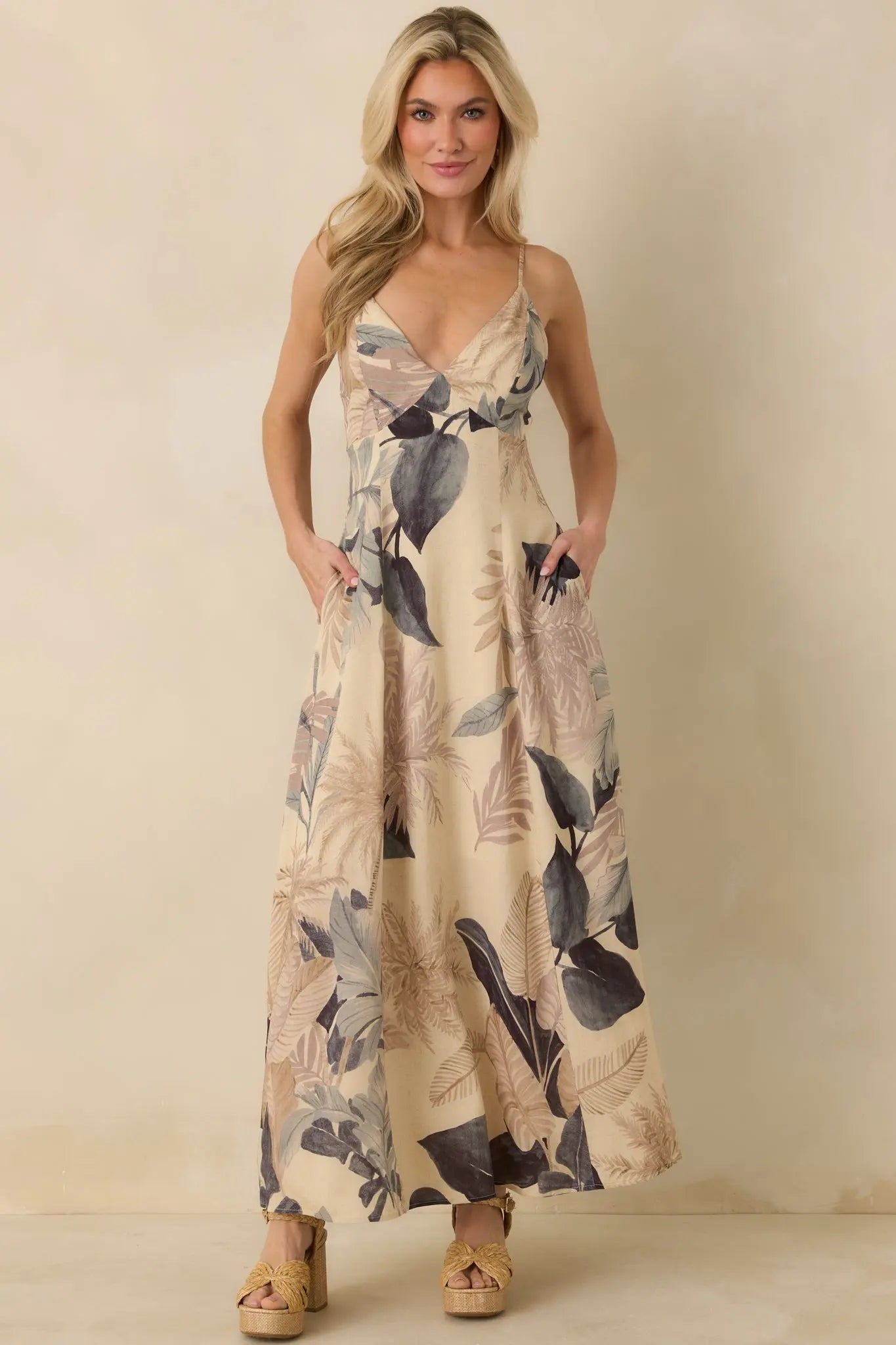 Women's Say It Again Beige Multi Tropical Tie-Back Maxi Dress | 85% Rayon & 15% Linen 4