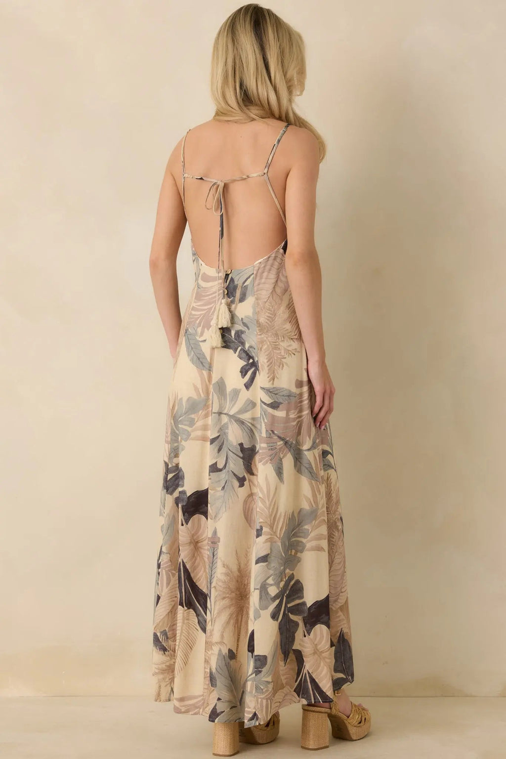 Women's Say It Again Beige Multi Tropical Tie-Back Maxi Dress | 85% Rayon & 15% Linen 6