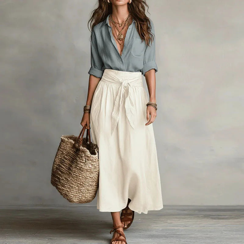 Grey White button lapel top and tie-waist skirt set