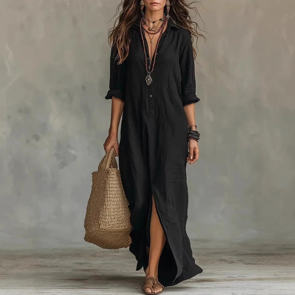 Black long-sleeve cotton maxi dress with turn-down collar